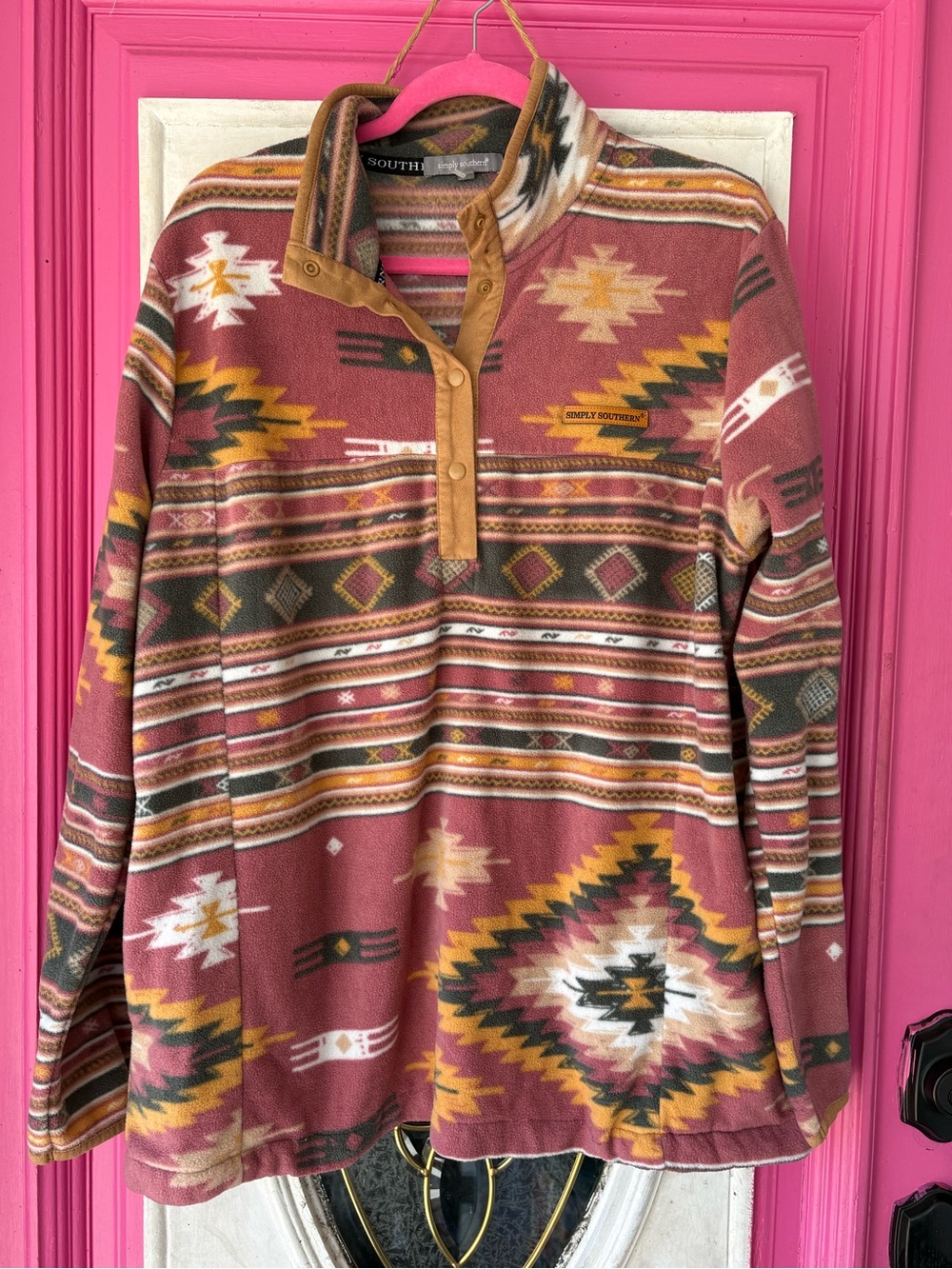 Simply Southern Dusty Rose Aztec Snap-Placket Pullover